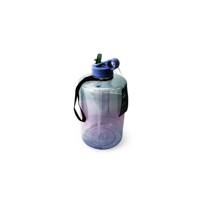Sully Hydratant avec Paille Relevable - Bouteille d'Eau de 4,2 L/1 Gallon avec Corps en Plastique Bleu Translucide, Couvercle à Vis Bleu avec Paille Relevable Verte, Poignée de Transport Noire et Repères de volume Embossés pour Suivre l'Admission, Convient aux Entraînements et à l'Hydratation Quotidienne.