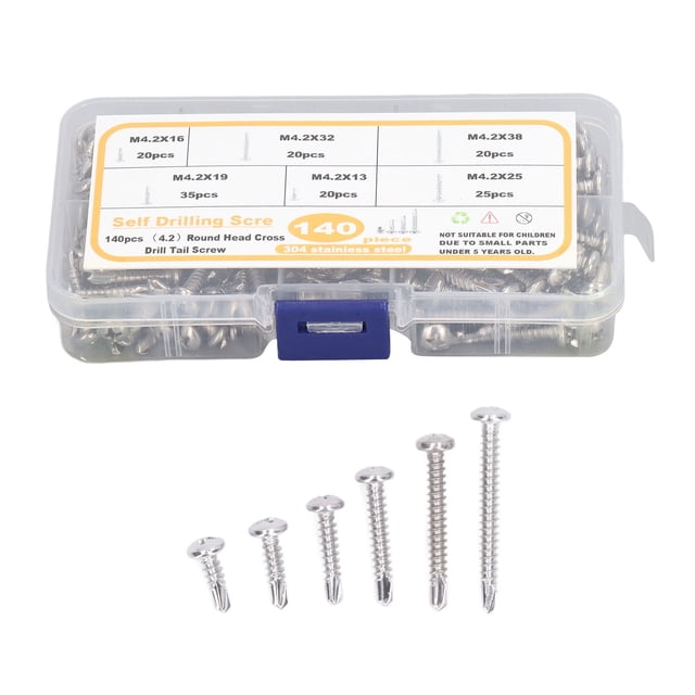 Self Drilling Screw Kit, 6 Specifications Holding Force 140PCS Stainless Steel Multifunctional Round Head Cross Screw For Woodworking For Machinery Repair