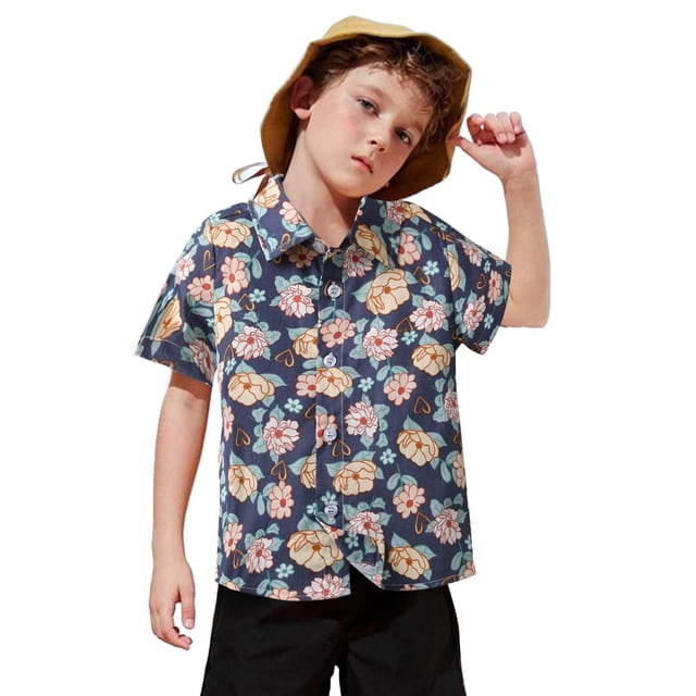Chemises Garçons Été Plage Hawaïenne Florale Manches Courtes Décontracté Chemise Col Chemise Marine 2-3 Ans