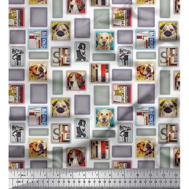 Soimoi Tissu Crêpe Polyester, Femmes & Chiens Patchwork Imprimé Tissu au Mètre 42 Pouces de Large
