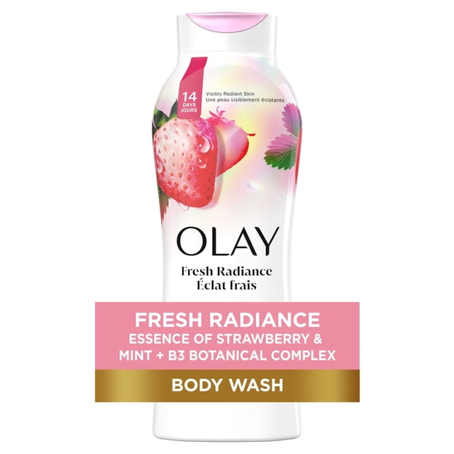 Olay Gel Douche Éclat Frais en Bouteille Blanche avec Bouchon Rose, avec essence de Fraise Blanche et de Menthe et Complexe de Vitamine B3, Conçu pour Hydrater et Rafraîchir la Peau pour une Expérience de Douche Éclatante.