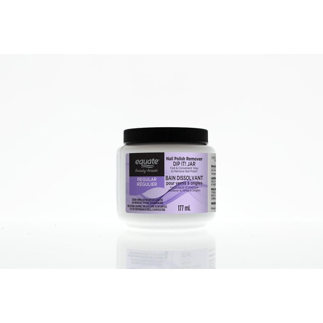 Equate Beauty DIP IT! JAR Regular Nail Polish Remover in a white plastic jar with a black screw-on lid, featuring a purple label with 177 mL volume, providing a fast and convenient way to remove nail polish without cotton while helping retain moisture for healthier nails, ideal for efficient nail care.