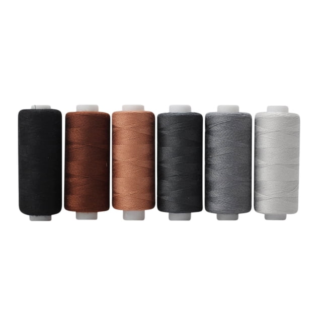 Meitianfacai Sewing Thread 36 Colors Sewing Industrial Machine And Hand Stitching Cotton Sewing Thread (6 Color/pack). The image displays six spools of polyester fiber thread in black, brown, and gray shades. Each spool offers 400 yards of durable thread, ideal for machine and hand sewing, embroidery, and other crafts.