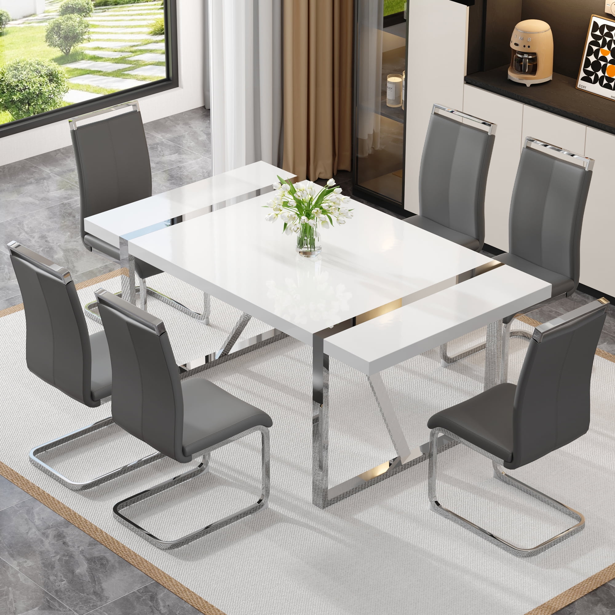 Noble House Industrial Rectangular Dining Table,2.3" Thick Wood Grain White MDF Top with Silver Metal Legs,White/Silver