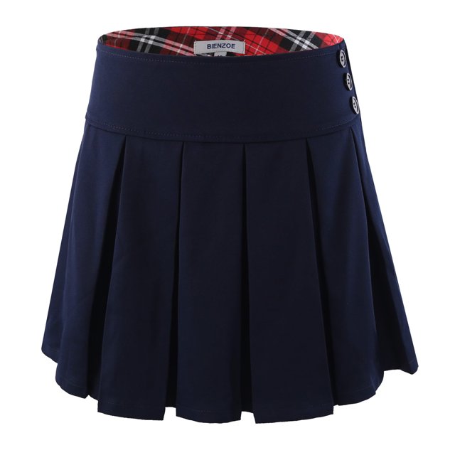 Bienzoe Jupe d'Uniforme Scolaire Extensible Plissée à Taille Ajustable pour Fille Bleu Marine 7
