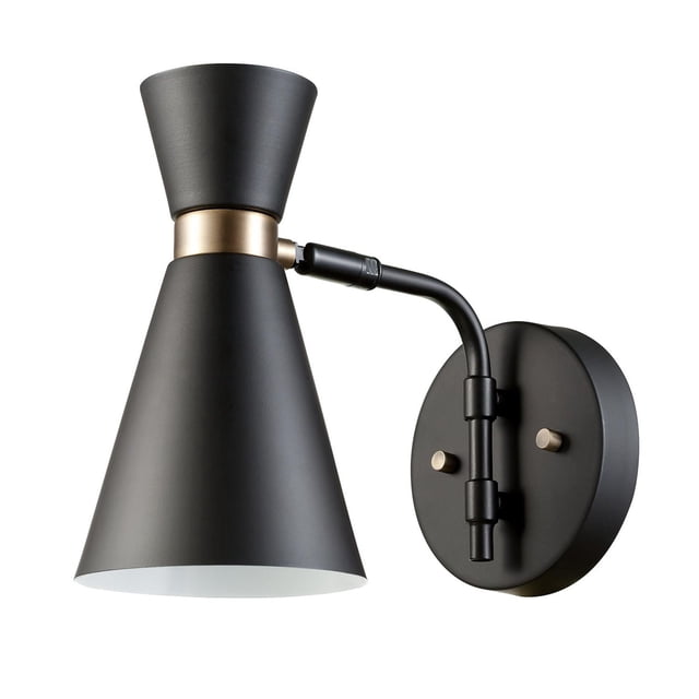 Belmont 1-Light Black and Gold Wall Sconce with a matte black hourglass shade accented by a muted gold band, mounted on a round black base with a curved arm and swivel joint for adjustable directional lighting, suitable for bedrooms and dining rooms.