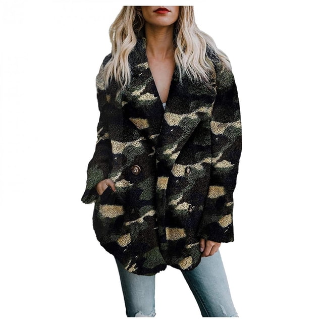 Pompotops Winter Warm Cardigan For Women Lapel Overcoat Fleece Open Front Coat With Pockets Printing Outerwear