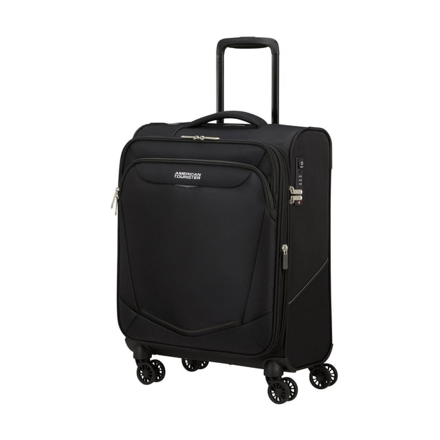 American Tourister SummerRide Bagage à Main à Roulettes Pivotantes en Noir, Montré dans un Profil 3/4 avec Quatre Roues Doubles Pivotantes, Poignée de Traction Allongée Hauteur DroiteTM, Serrure Approuvée TSA et Poche avant à Fermeture Éclair. Conception Légère avec Poignées Faciles à Saisir, Idéal pour Bagage de Cabine.