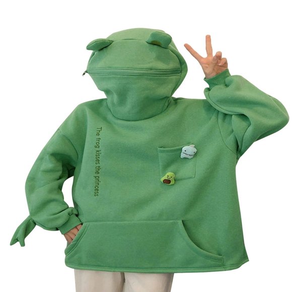 Women Novelty Frog Hoodie Cute Animal Shape Zip Top Sweatshirt Oversize Loose Pullover Coat