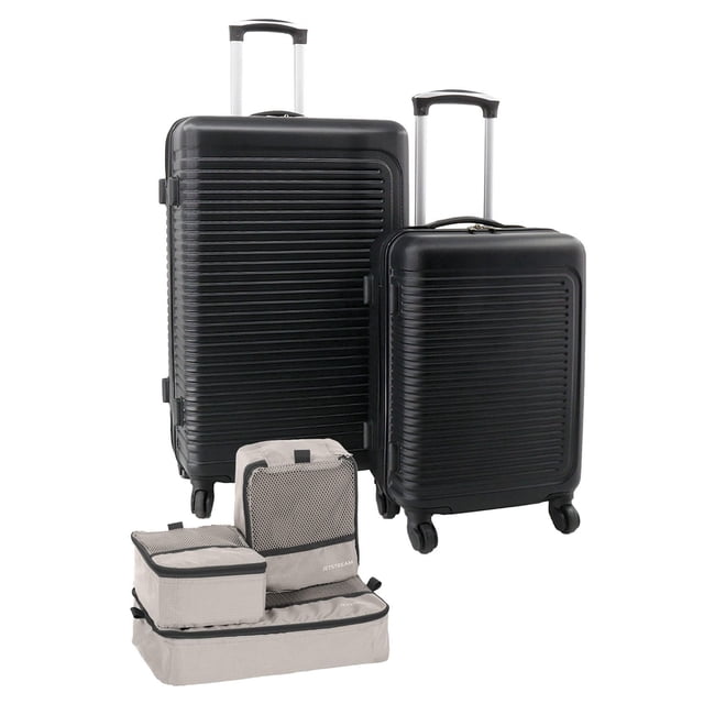JetStream® Hardside Luggage Set with two black ABS suitcases, 26-inch large spinner and 18-inch carry-on, both with locking telescopic handles and 360° spinner wheels, plus three beige packing cubes with mesh panels for organized travel.