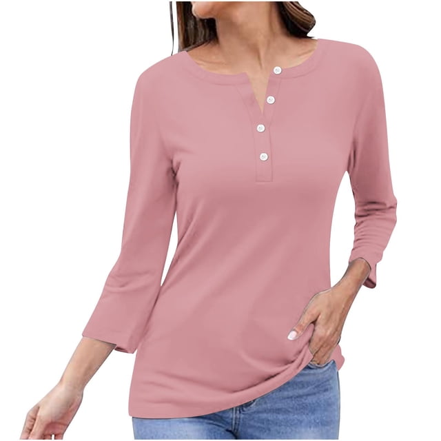 Timegard Tops for Women Long Sleeve Notched V-Neck Button Shirts Solid Color Fall Casual Loose Comfy Tops