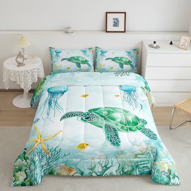 Erosebridal Green Sea Turtle Bedding Twin Comforter Set, Sea Fish Down Comforter, Watercolor Ocean Decor, Reversible 2pcs