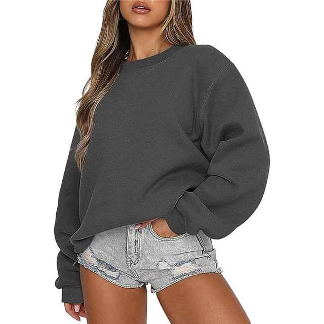 Mefallenssiah Mode Chandail Décontracté à Manches Longues à Col Rond pour Femmes, Coupe Ample, Gris Foncé, Taille M. Ce Chandail Décontracté Présente une Coupe Ample, des Manches Longues et une Encolure Ronde, Fabriqué en Matériau polyester Doux. Style Décontracté avec Short en denim Usé, Idéal pour les Hauts et Tenues Décontractées pour Femmes pendant les Saisons d'Hiver et d'Automne.