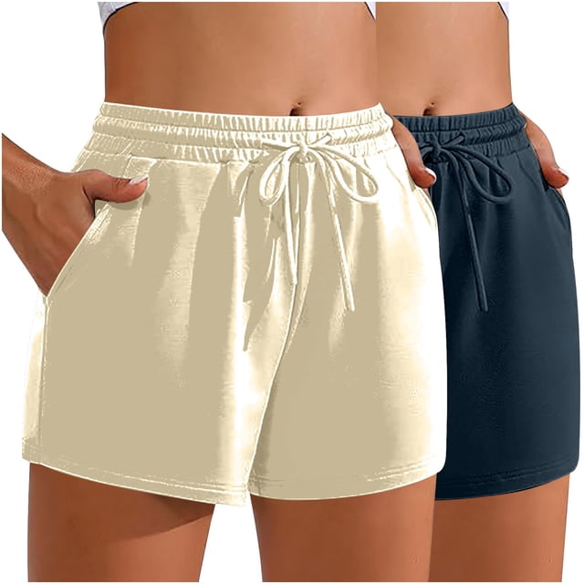 Plebaso 2 Pack Womens Sweat Shorts Casual Drawstring Running High Waisted Athletic Shorts with Pockets