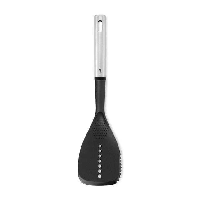 Gourmet STEEL - Nylon Slotted Turner with 430 grade stainless steel handle and black nylon head, featuring serrated edge and integrated grater, heat resistant to 410°F, safe for non-stick cookware, dishwasher safe, 13.8 inches long, also suitable for light grating tasks.
