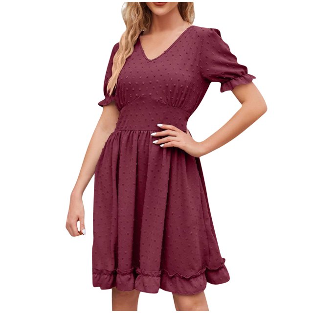 Dvprdro Robe en Chiffon pour Femmes Mode Été Col en V Manches Courtes à Volants Plissée Fluide Décontractée Ample Boho Plage Soleil Mini Robe