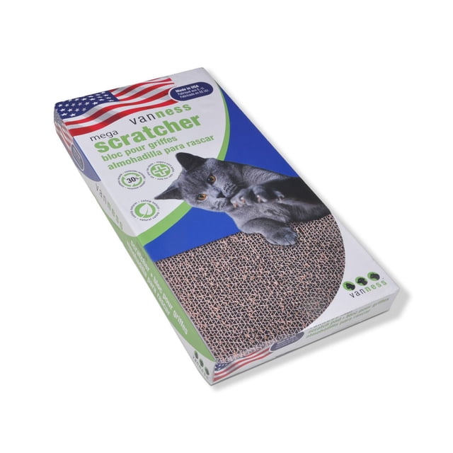 Van Ness Tapis à Griffer Double Grand dans un Emballage Montrant un Chat Gris Tendant la Main sur une Grande surface à Griffer en Carton Ondulé Recyclé Infusée d'Herbe à Chat Naturelle, Conçu comme Meuble pour Chat pour Satisfaire les instincts de Griffage et Protéger les Meubles de Maison.