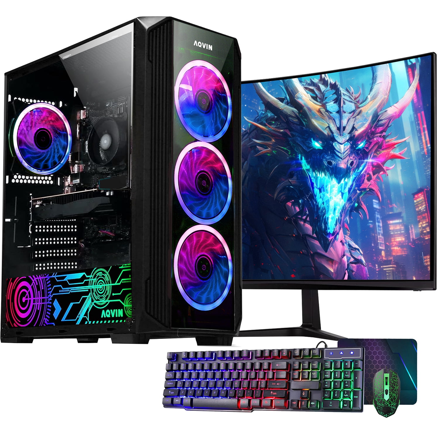 Gaming PC AQVIN Z-Force Tower Computer With 24 Inch Curved Gaming Monitor, GeForce RTX 3050 6GB, AMD Ryzen 7 2700 Processor up to 4.1GHz, 16GB DDR4 RAM, 512GB SSD, Wi-Fi, Windows 11 Pro