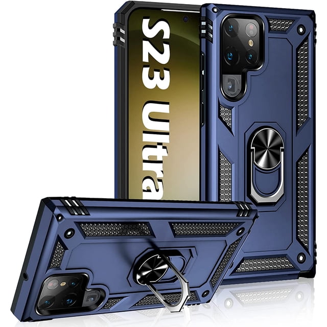 Étui Classique avec Béquille pour Samsung Galaxy S23 Ultra Doté d'Une Étui Arrière en Acrylique Bleu durable avec protection de Qualité Militaire et Technologie à Coussin d'Air. l'Étui Comprend un Support Anneau Magnétique Intégré Ajustable à 360° Qui Fait Aussi Office de Béquille pour une Vision Mains Libres et Prend en Charge des supports de Voiture Magnétiques. Conçu avec des Bords Surélevés pour la protection de l'Appareil Photo et de l'Écran, Il Offre des Propriétés Antidérapantes et des Découpes Précises pour un Accès Facile aux ports et aux Boutons. Mince et Léger, Cet Étui Ass