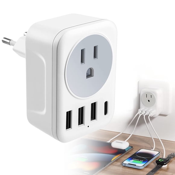 European Travel Plug Adapter, International Power Adapter with AC Outlets 3 USB Charging Ports(1 USB C), Type C Power Adaptor to Most Europe Italy Spain France Iceland Germany, 1.97x2.75x2.75"