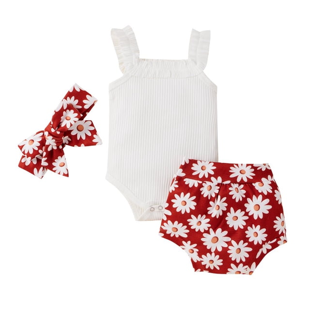 Casual Sleeveless Square Collar Ribbed Romper + Daisy Print Shorts + Headband