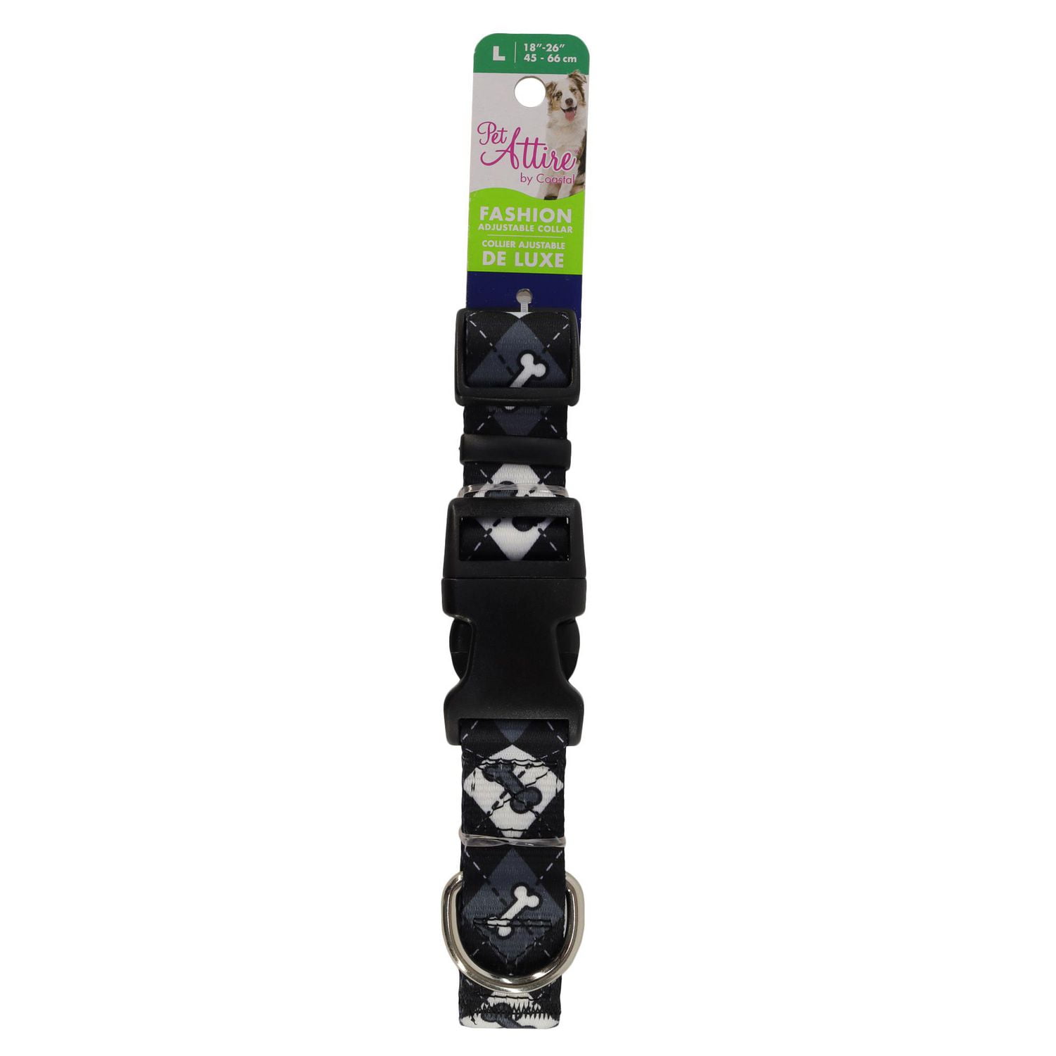 Pet Attire by Coastal Large 18-26" Black Bones Adjustable Dog Collar