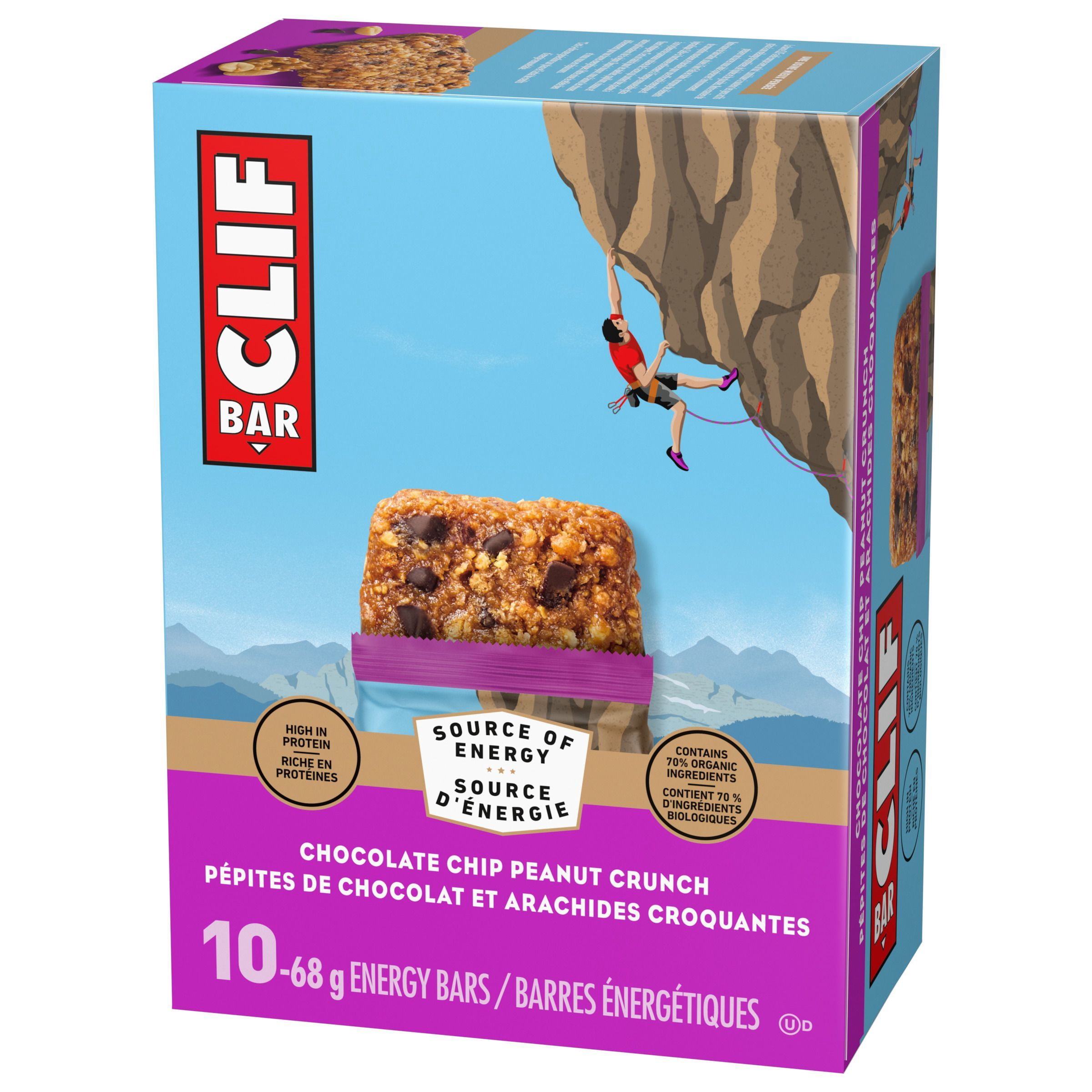 CLIF BAR Barres Énergétiques, Pépites de Chocolat et Arachides Croquantes, Barre Granola, Riche en Protéines, Collations, Barres Déjeuner, Contient 70 % d'Ingrédients Biologiques Boîte de 10 Barres
