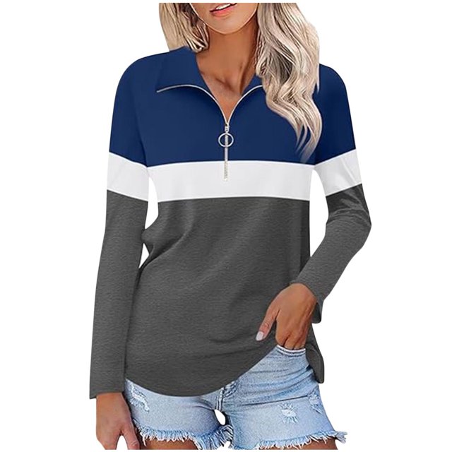 Plebaso Chemises à Manches Longues pour Femmes à Blocs de Couleur Quart Zip Hauts Décontractés Col Pull Blouses pour Femmes