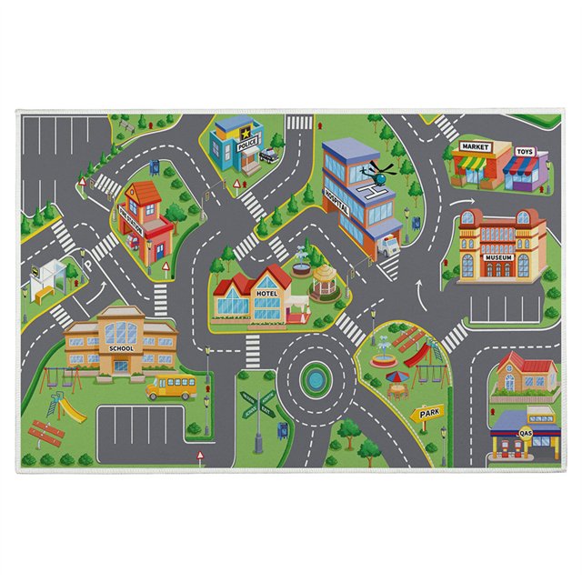 Boovnll Rugs for Bedroom, Baby Play Mat with a vibrant road map design featuring schools, parks, hospitals, and toy stores. This polyester kids' rug has a non-slip bottom and measures approximately 50x80cm (19.69x31.50 inches). Ideal for kids' decor, playrooms, bedrooms, and nurseries, it promotes imaginative play and motor skill development. Washable and durable for easy maintenance.