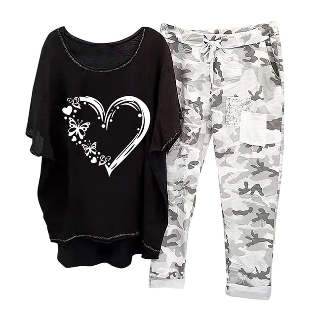 Ensembles de Gym pour Femmes 2 Pcs T-Shirt à Col Rond Imprimé à Manches Mi-Longues à Enfiler Hauts + Pantalon Ensemble de Pantalons Ensemble 2 Pcs en Liquidation