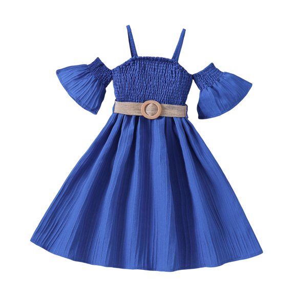 Ketyyh-chn99 Flower Girl Full Bridesmaid Tulle Dress Girls Summer Fashionable Off Shoulder Belt Casual Solid Color Dress Size for 8-9 Years,Blue
