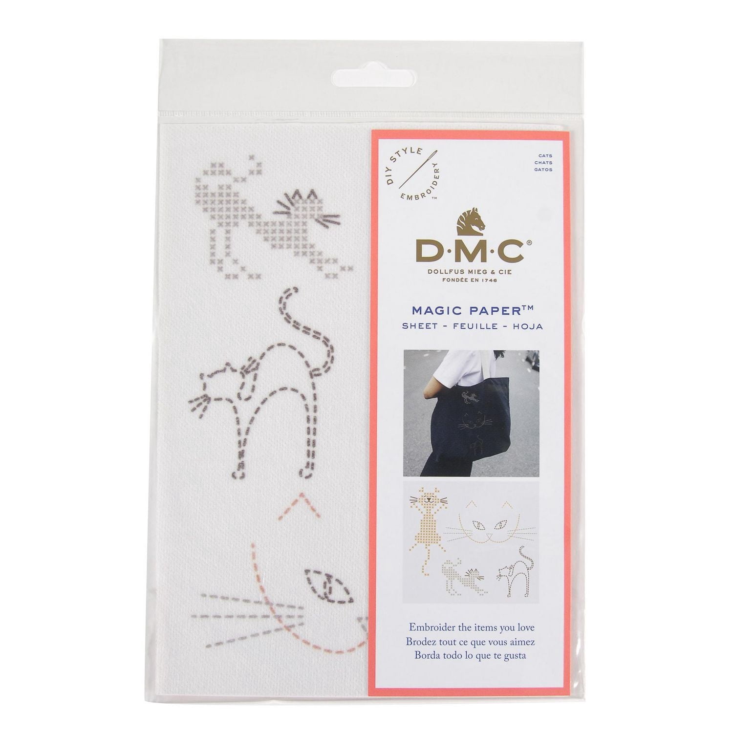 DMC Cats Collection Cross Stitch Magic Paper™ - Stick, Stitch & Rinse-Away Transfer Sheet (A4), Cats Xs