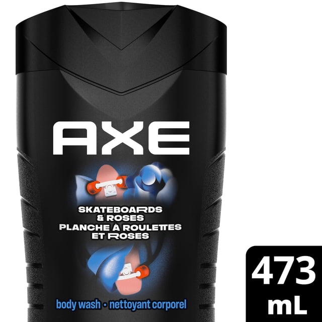 AXE Skateboards & Roses Body Wash for All Day Freshness, 473mL black bottle with textured sides, featuring a graphic of a pink skateboard with orange wheels and blue roses, labeled in English and French as body wash and nettoyant corporel.