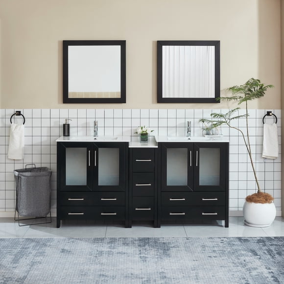 Vanity Art 72 in. W Double Sink Bathroom Vanity with Ceramic Top and Two Free Mirrors