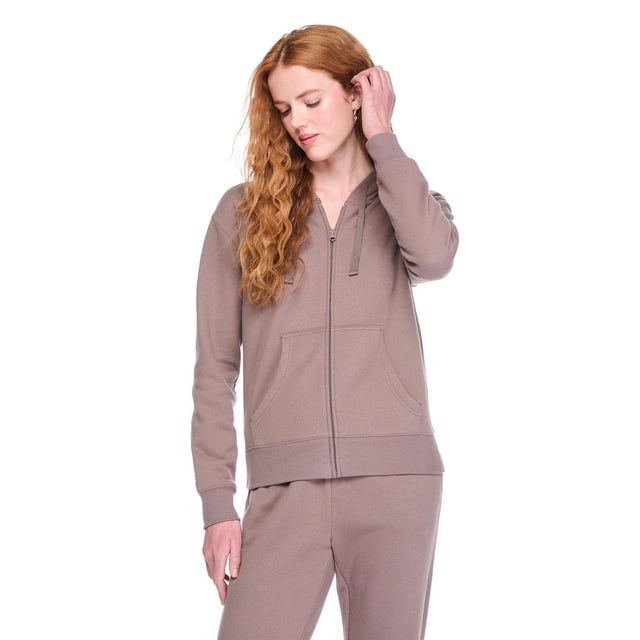 George Women's Full Zip Hoodie front-facing, jersey-knit women's hoodie with full-zip closure, adjustable hood drawcord, long drop shoulders, kangaroo pocket and ribbed cuffs and hem, breathable 92% cotton 8% spandex fabric, ideal everyday layer for casual wear.