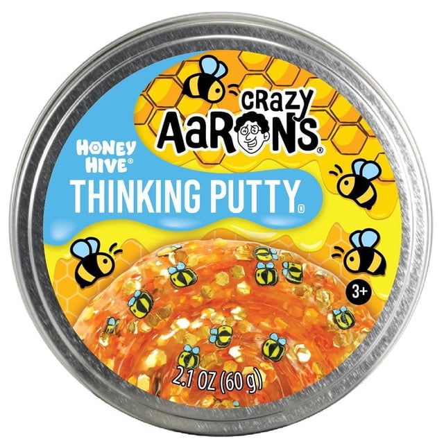 Crazy Aaron's Mastic de 3,5 Po – Ruche de Miel Thinking Putty dans une Boîte Métallique Ronde Mettant en Vedette du Mastic de Couleur Ambre avec Paillettes en Nid d'Abeilles et illustrations d'Abeilles sur l'Étiquette, Conçu pour le Jeu Sensoriel et le Renforcement des Mains pour 3 Ans et Plus.