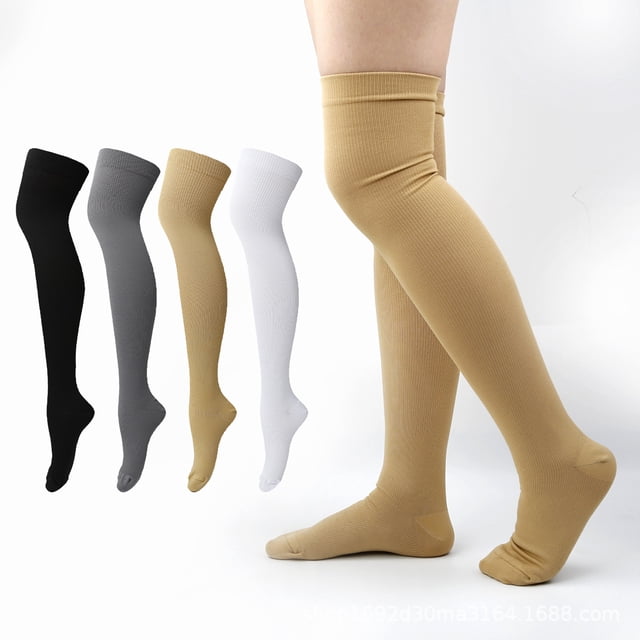 Janrevotw 1 pair of compression socks, knee-high elastic support socks for men and women, shown in black, grey, white, and skin color. Designed for improved blood circulation, anti-fatigue, and pain relief. Made of durable nylon and spandex, these socks provide 20-30mmHg graduated compression for sports, running, and cycling. Available in sizes S/M and L/XL.