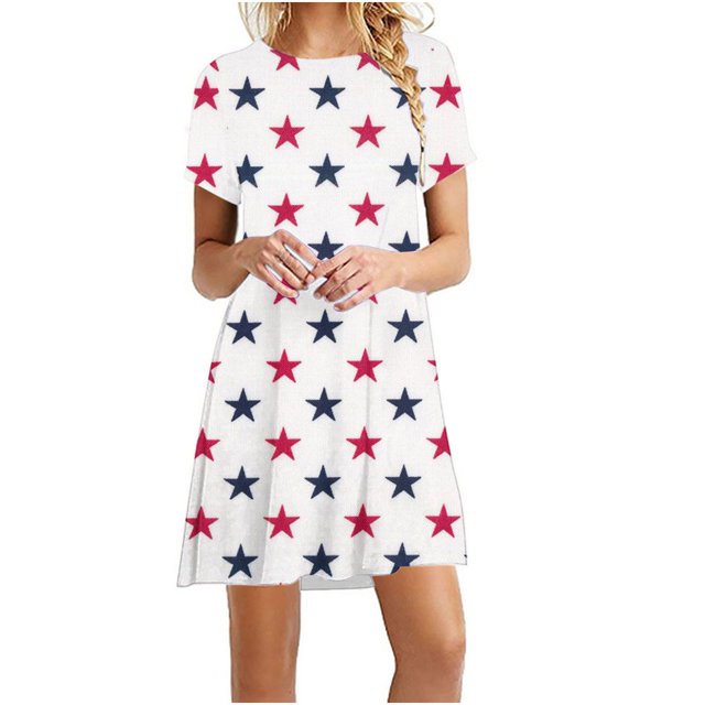 LNGOOR Robes d'Été de Jour de l'Indépendance pour les Femmes à Manches Courtes Étoiles Rayures Imprimées Casual Col Rond une-Ligne Mini Robe