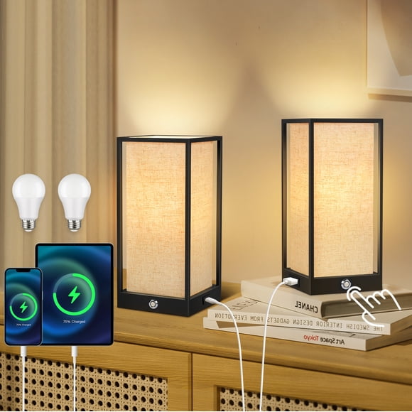 OUTON Lampe de Table 11,6 Pouces avec Ampoule DEL, Petite Lampe de Chevet Tactile à 3 Niveaux de Gradation avec Cage en Métal avec Ports USB&Type-C, Ampoule Incluse