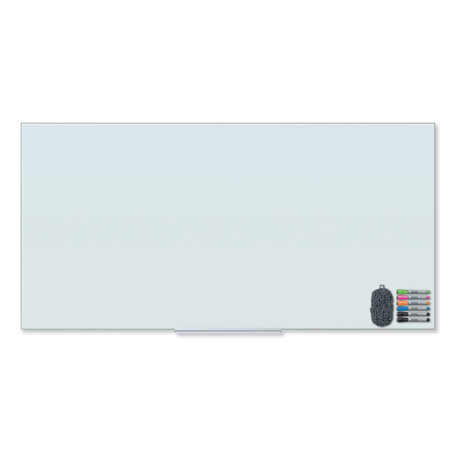 U Brands Floating Glass Dry Erase Board, Office Supplies, White, with Eraser, Markers, 18” Tray, 5mm, 35” x 70"