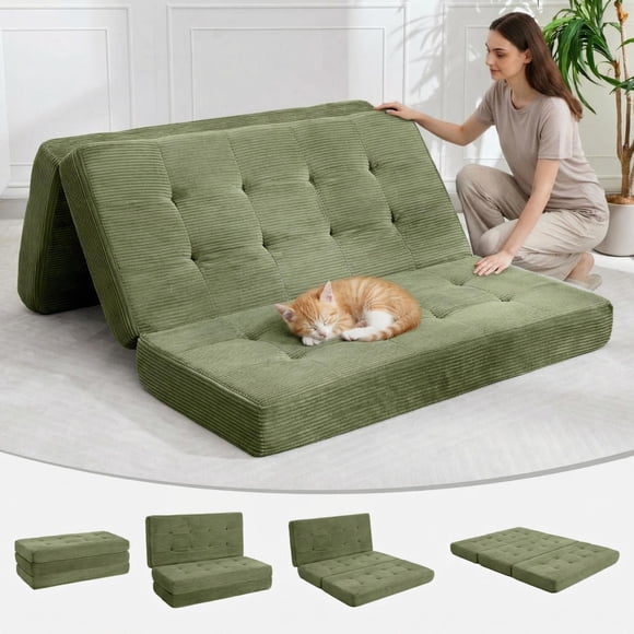 Tri-Fold Corduroy Sofa Bed – 6 Inch Thick Folding Mattress, Convertible Full/Twin Size Futon, Supportive Guest Bed for Living Room, Bedroom, Camping, Portable Design, Green