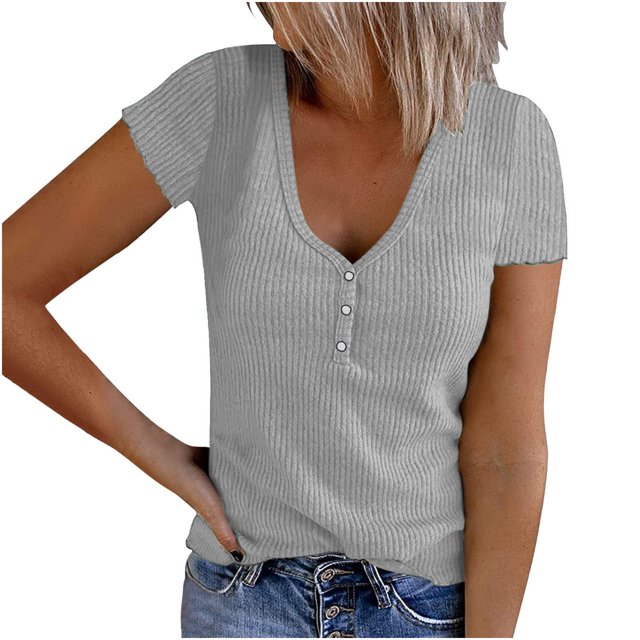 UPPADA Ribbed Shirts Tops Women Summer - Womens Short Sleeve Ribbed Tops Basic Knit Shirts Button V Neck Casual Summer Tshirt