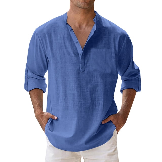 Kcodviy Mens Spring Loose Stand Shirt with Long Sleeve Solid Color Pocket Long Button Down Sleeve Pullover Shirt