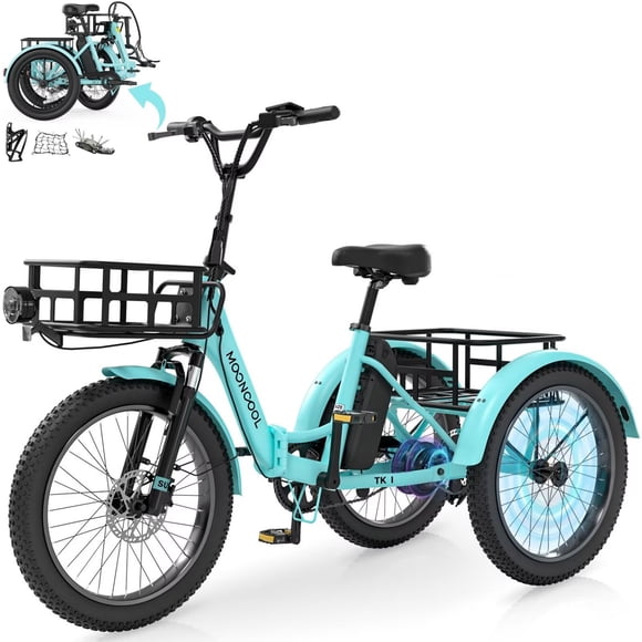 Lilypelle Folding Electric Tricycle for Adults & Seniors,three 20*3in Fat Tires Ebike with 750W Motor & 48v 14.5Ah Battery,Cyan