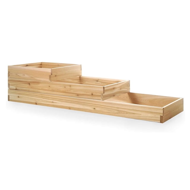 All Things Cedar 3-Tier Raised Garden Planter Bed Box made from untreated Western Red Cedar. The planter features three tiers with dimensions of 6ft x 2ft, 4ft x 2ft, and 2ft x 2ft, designed for growing plants, herbs, and vegetables. The natural wood finish and smooth sanded texture provide a polished look, while the modular design allows for easy assembly and configuration. Ideal for outdoor spaces like patios or backyards.