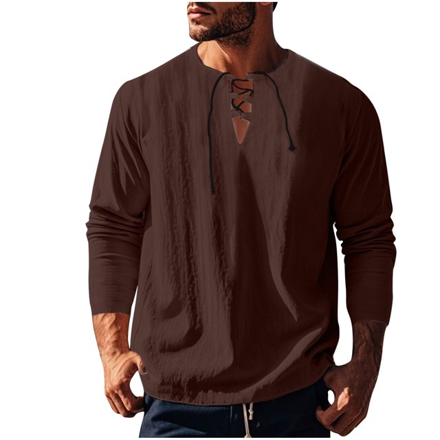 zbxnLI Mens Linen Shirts Drawstring V Neck Long Sleeve Shirt Lightweight Spring Fall Long Sleeve T-Shirts