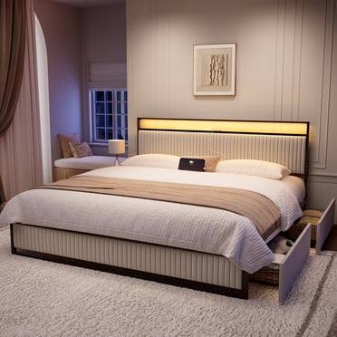 GUNAITO King Bed Frame with Headboard, Platform Bed with 2 Drawers, Velvet Upholstered Bed Frame with LED Lights & Charging station,Beige