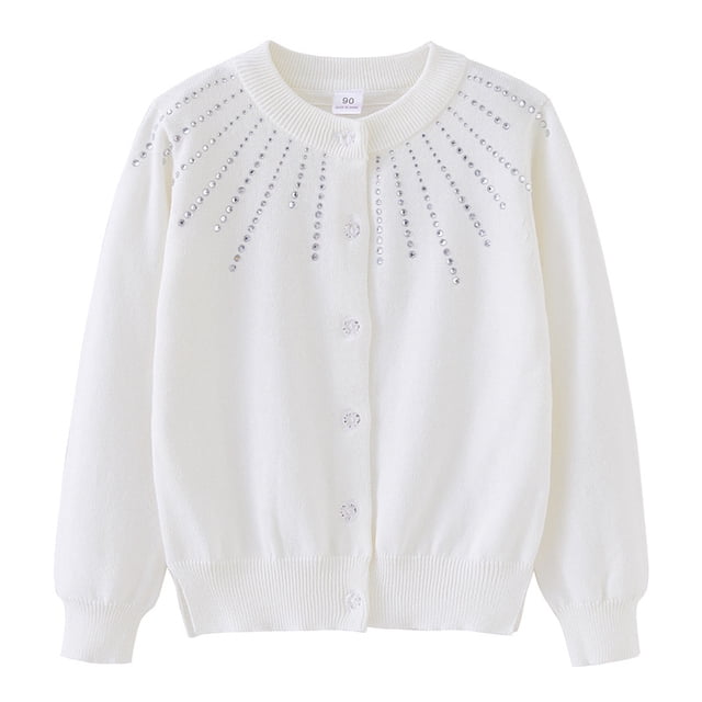 Cardigan en Tricot à Strass pour Filles, Col Rond, Veste Chandail en Coton