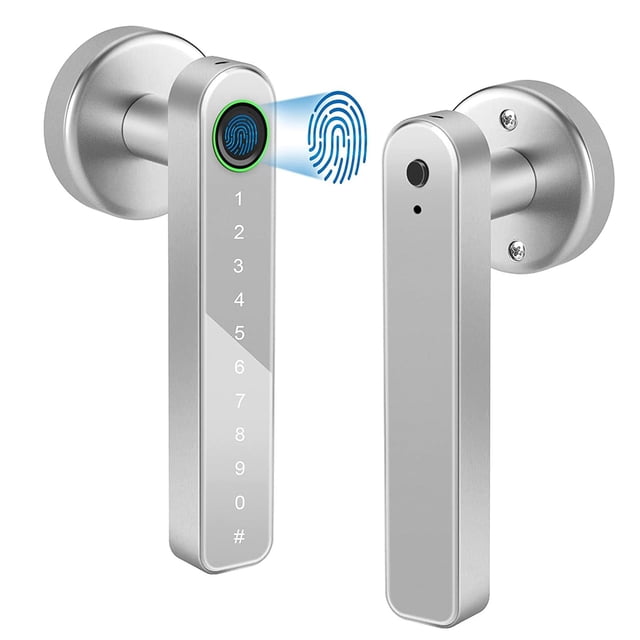Serrure de Porte Intelligente Sans Clé, Serrure de Porte à Clavier avec Poignée, Serrure de Porte à Empreinte Digitale avec Contrôle Wi‐Fi via l'App Tuya. l'Image Affiche une Serrure de Porte Moderne en Alliage de zinc Argent avec un Pavé Numérique et un Lecteur d'Empreintes Digitales Intégrés à la Poignée. Elle Prend en Charge Plusieurs Méthodes de Déverrouillage, Y Compris le Code, l'Empreinte Digitale, l'Appli et la Clé. Conçue pour une installation Facile sur les Portes standard, Elle Présente un Loquet Ajustable, un Verrouillage Automatique