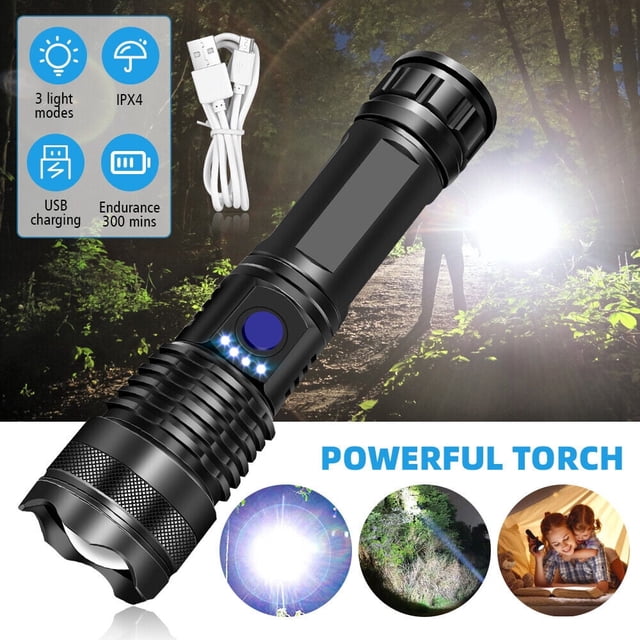 EIGTHTAIL 120000 Lumens Powerful Flashlight Rechargeable XHP70.2 Super Bright Tactical LED Flashlight with a durable black aluminum alloy body, USB Type-C charging cable, and five light modes: high, medium, low, strobe, and SOS. Features IPX6 waterproof rating, zoom lens, and a lighting range of over 800 meters. Ideal for emergency preparedness, survival gear, camping, hiking, and outdoor activities.